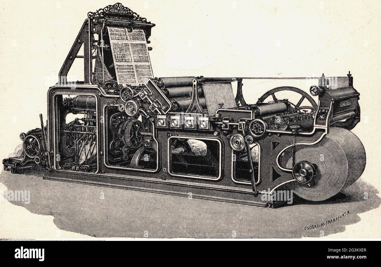techniques, typographie, machines, presse rotative de Koenig und Bauer, Wuerzburg, gravure de bois, vers 1885, LE DROIT D'AUTEUR DE L'ARTISTE NE DOIT PAS ÊTRE AUTORISÉ Banque D'Images