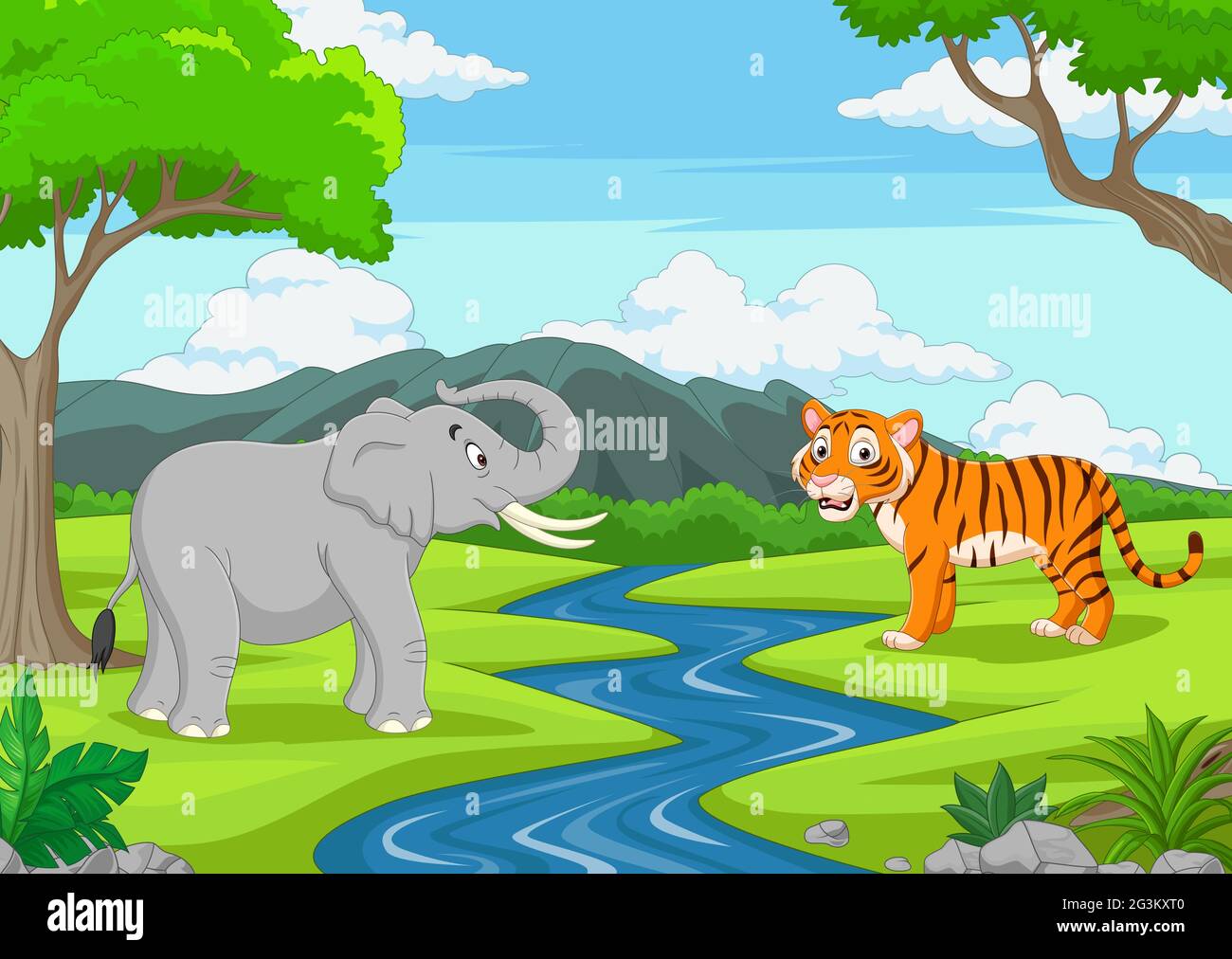 Dessin animé éléphant et tigre dans la jungle Illustration de Vecteur