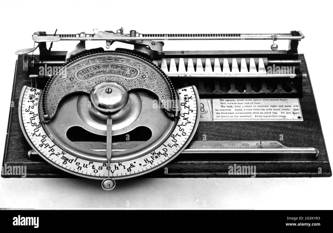 technics, machines à écrire, machine à écrire à clé unique The New World, constructeur: John Becker, DROITS-SUPPLÉMENTAIRES-AUTORISATION-INFO-NON-DISPONIBLE Banque D'Images