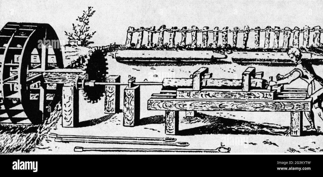 techniques, machines, machines de forage pour la fabrication de tuyaux en bois pour l'approvisionnement en eau, LE DROIT D'AUTEUR DE L'ARTISTE NE DOIT PAS ÊTRE AUTORISÉ Banque D'Images