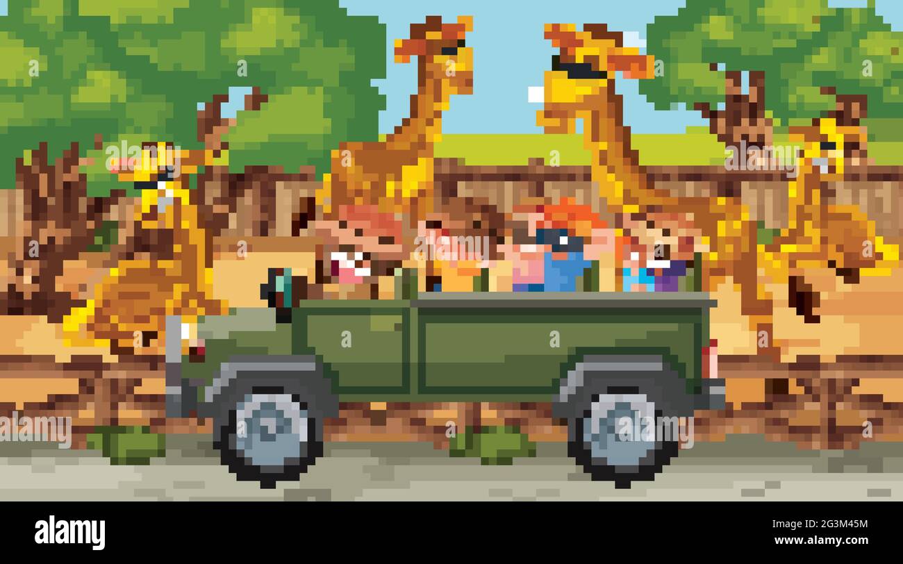 Safari avec de nombreuses girafes et des enfants en voiture touristique illustration Illustration de Vecteur