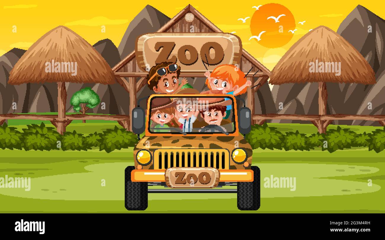 Zoo au coucher du soleil avec de nombreux enfants dans un illustration de la jeep Illustration de Vecteur