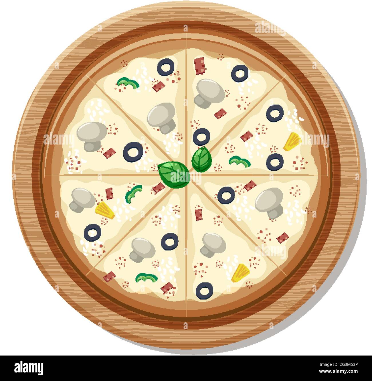 Vue de dessus d'une pizza végétalienne entière sur une assiette en bois illustration isolée Illustration de Vecteur