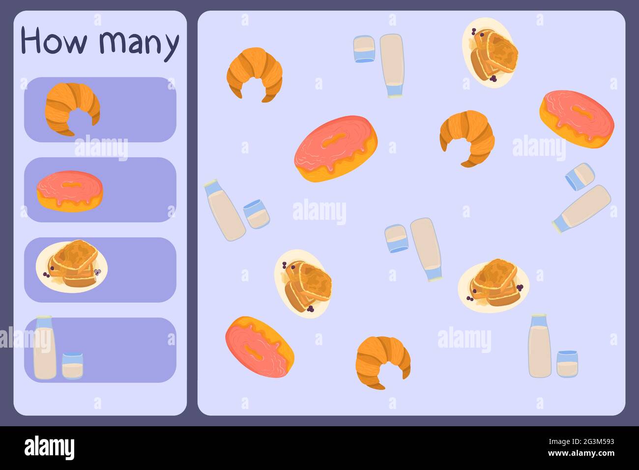 Mini jeu mathématique pour enfants - comptez combien d'aliments - croissant, beignet, pain grillé, lait. Jeux éducatifs pour enfants. Modèle de dessin animé sur fond coloré. Graphique vectoriel. Illustration de Vecteur