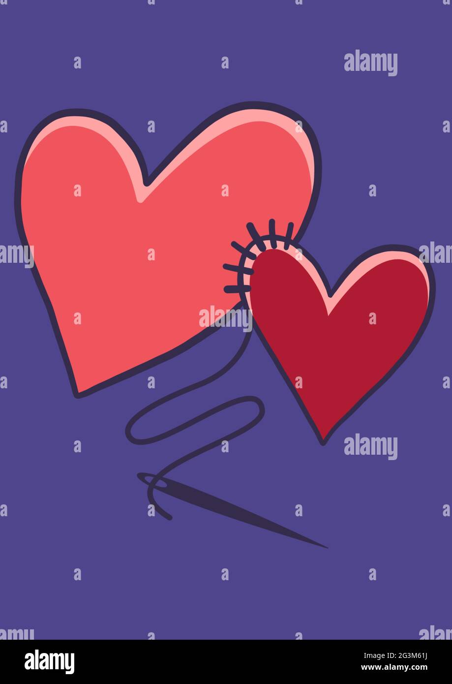 Composition de deux coeurs rouges cousus avec espace de copie sur fond violet Banque D'Images
