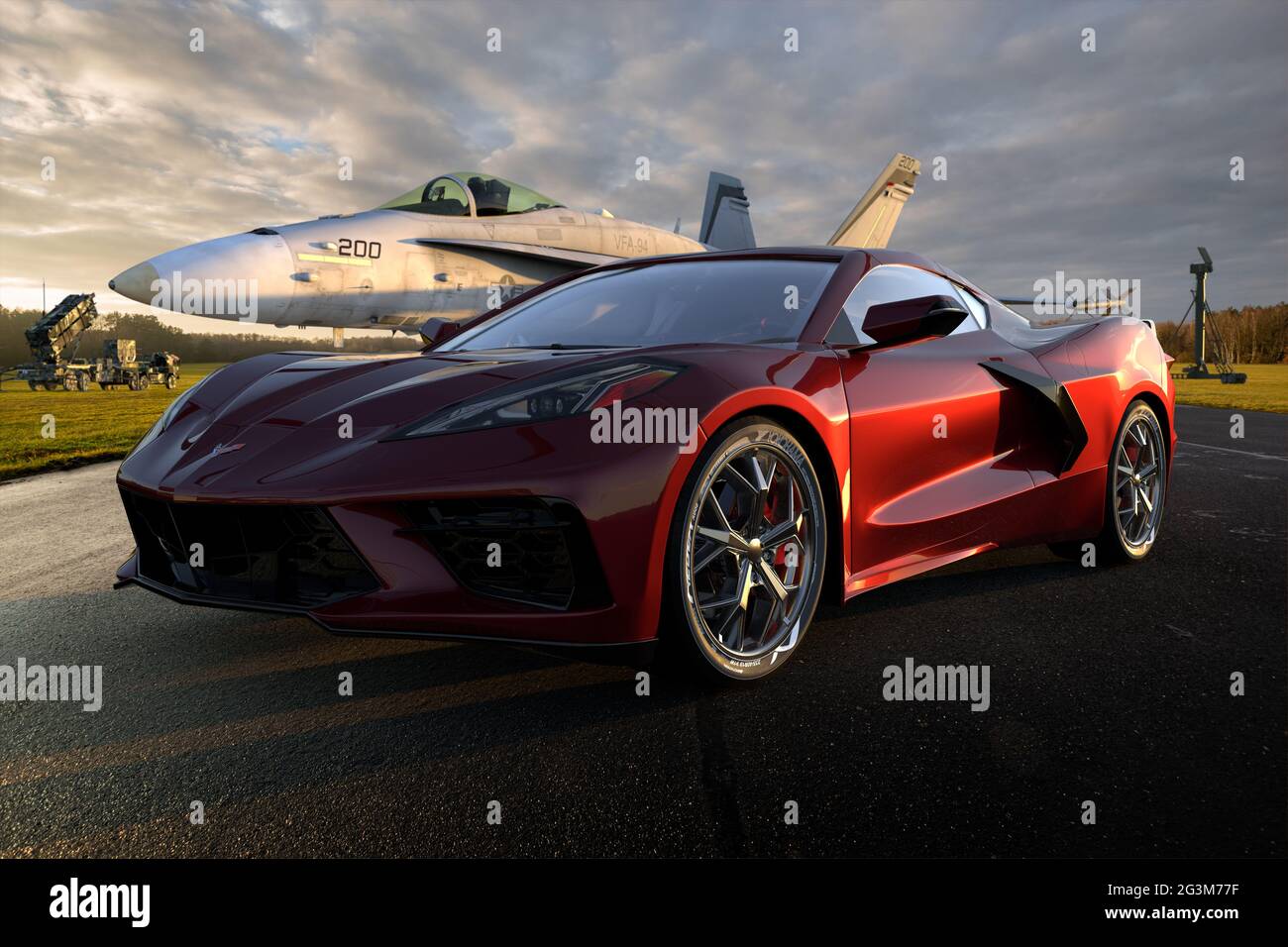 Corvette de Chevrolet devant l'avion de chasse F-18 de Boeing Banque D'Images