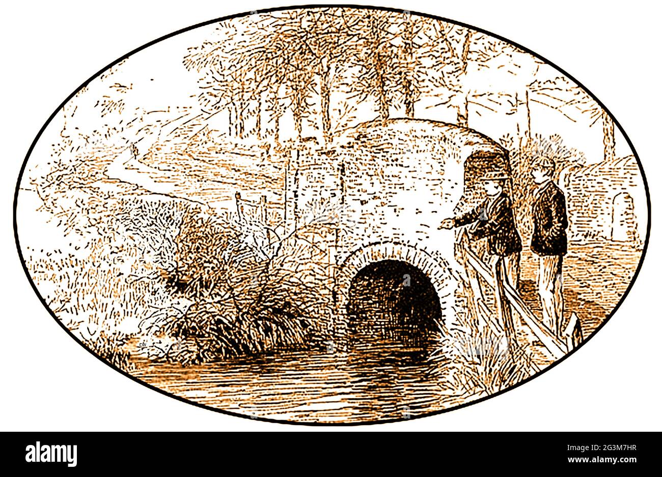 Gravure montrant le pont Leap de Butler, près de Rugby, Royaume-Uni en 1891. Le pont au-dessus de Clifton Brook sur Clifton Road, Rugby tire son nom d'un garçon nommé Butler de l'école de rugby qui a connu un saut sur le ruisseau de la route à l'autre côté en 1849.UN pilbox en béton de la deuxième Guerre mondiale. Il est situé sur le canal d'Oxford près de Butlers Leap. Banque D'Images