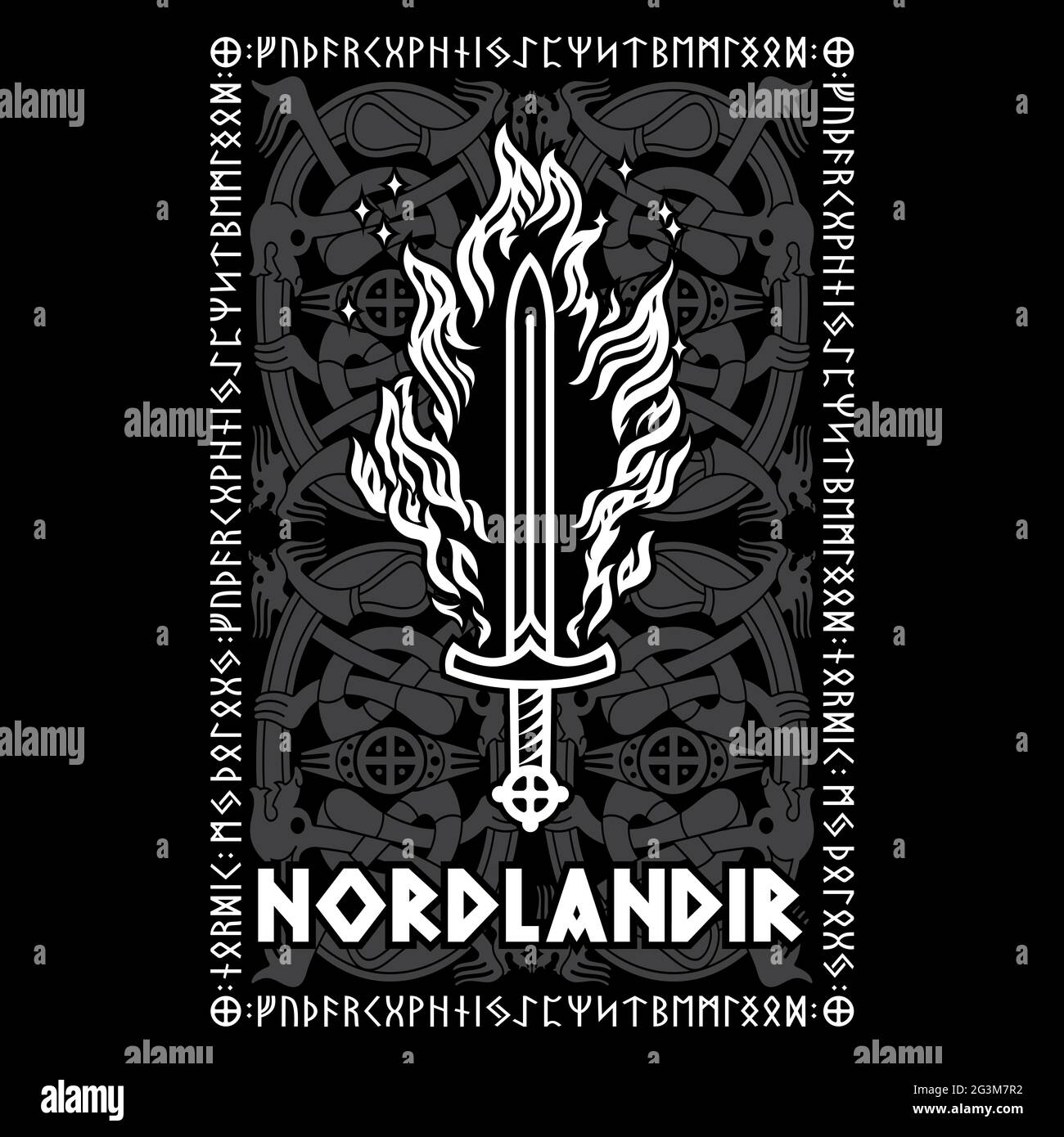 Viking, design scandinave. Épée et inscription viking flamboyantes - Nord en Norse Illustration de Vecteur