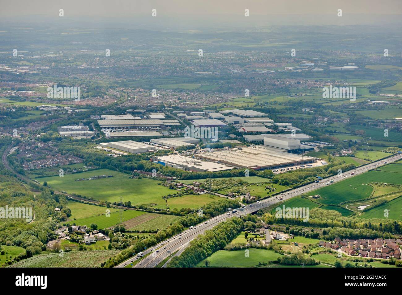 Vue aérienne de la zone industrielle de la jonction 41, Wakefield, West Yorkshire, nord de l'Angleterre, Royaume-Uni Banque D'Images