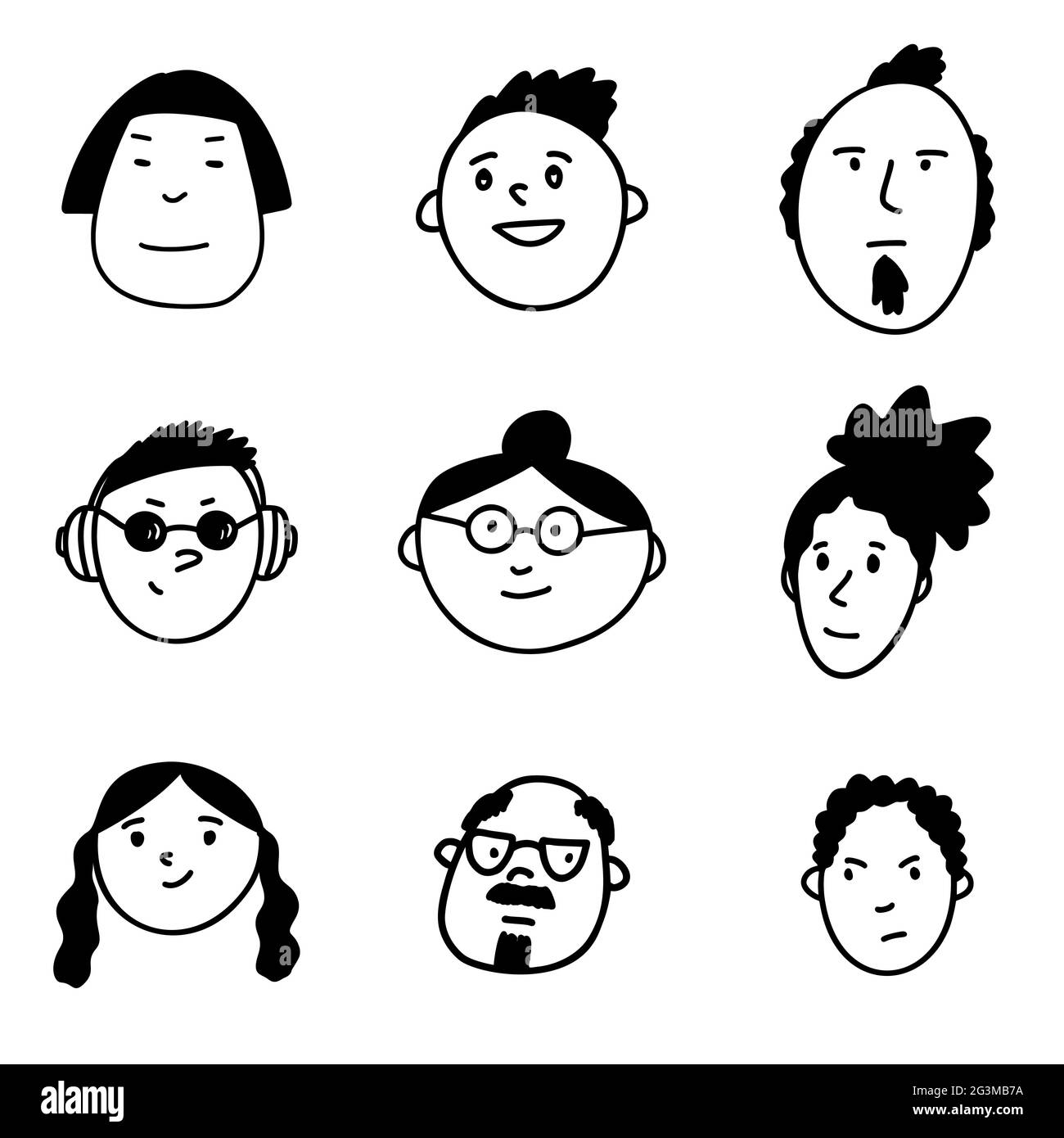 Ensemble de faces de personnage Doodle dessinées à la main. Personnages drôles. Illustration de Vecteur