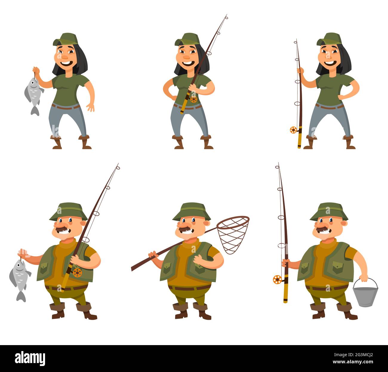 Pêcheur et pêcheur à la ligne femelle dans différentes poses. Personnages de style dessin animé. Illustration de Vecteur