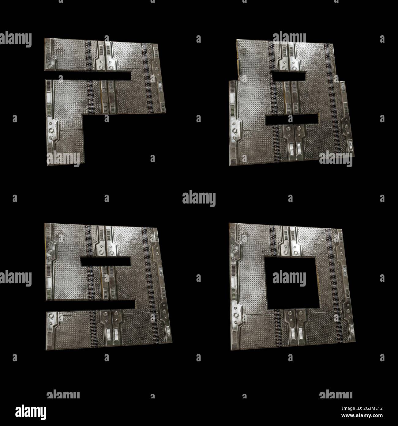 Rendu 3D des polices alphabet de panneau métallique de science-fiction - chiffres 7-0 Banque D'Images