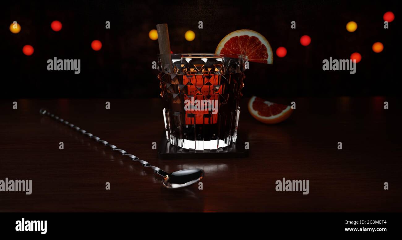 Cocktail Manhattan en verre avec bâton de cannelle et illustration 3d orange Banque D'Images