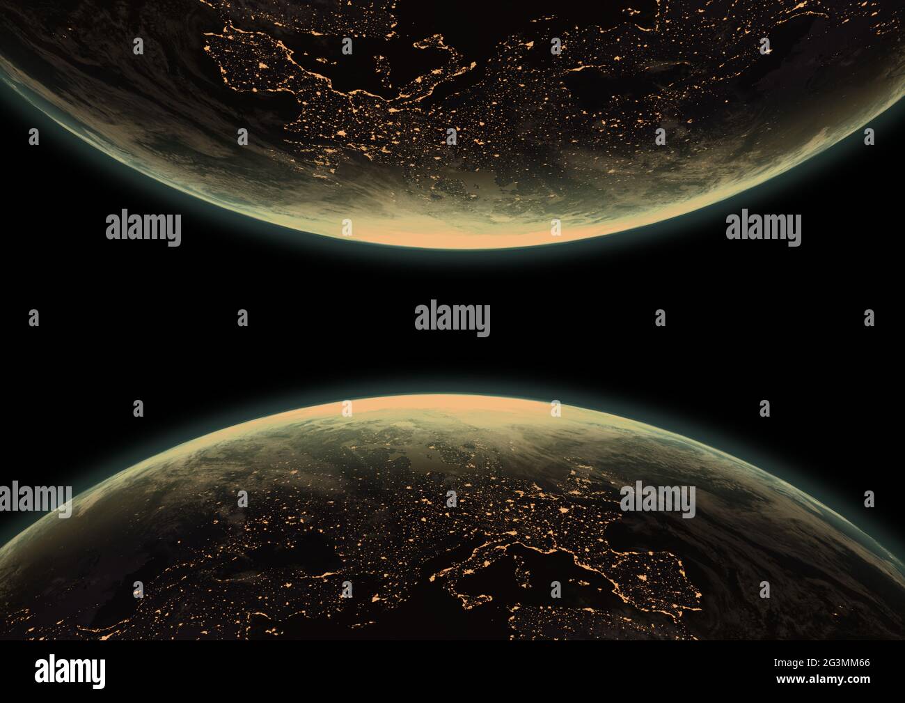 Composition de deux planètes sombres près du toucher, sur le noir Banque D'Images