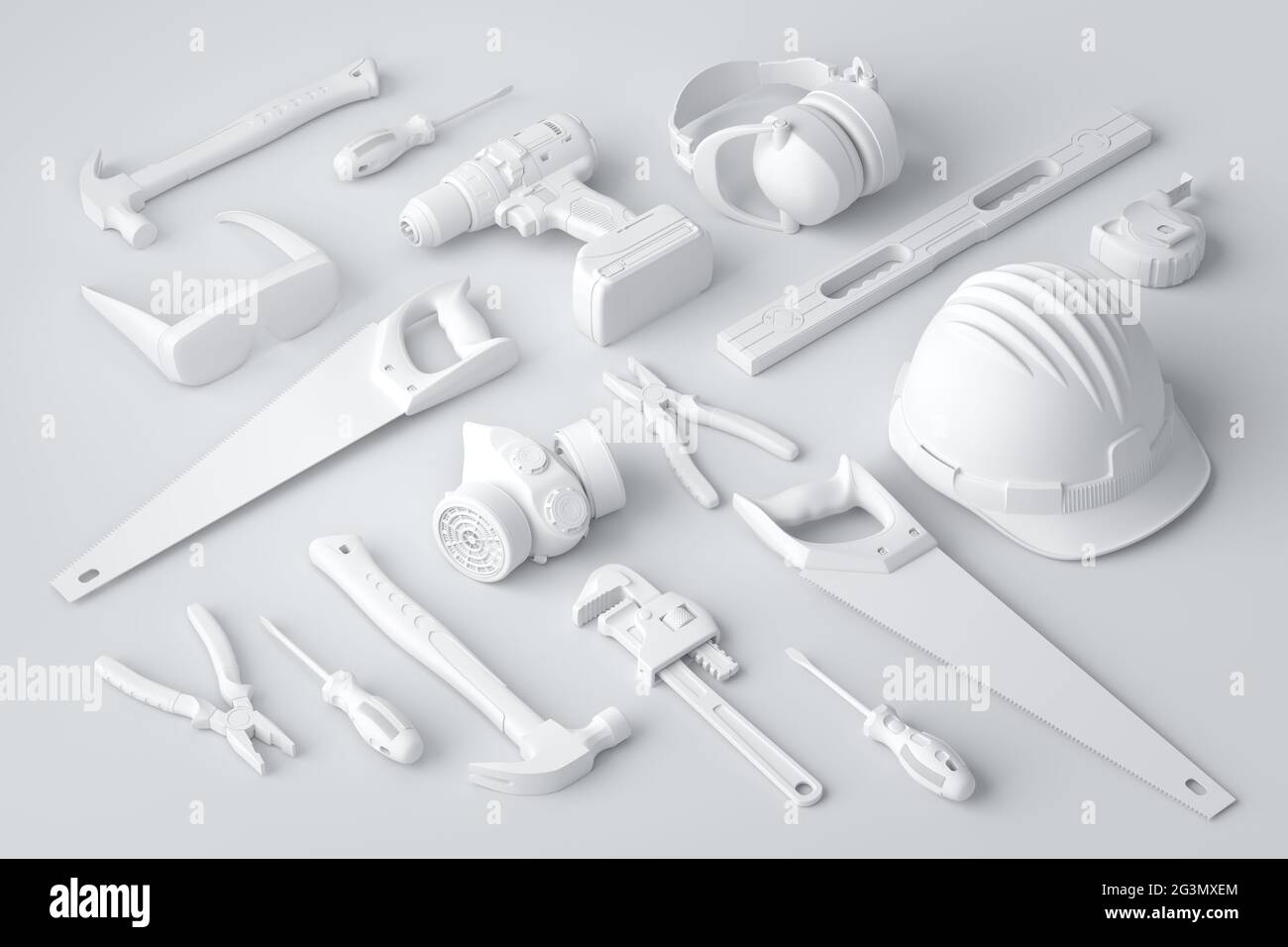 Vue isométrique des outils de construction monochromes pour la réparation sur blanc Banque D'Images Vue isométrique des outils de construction monochromes pour la réparation sur blanc Banque D'Images