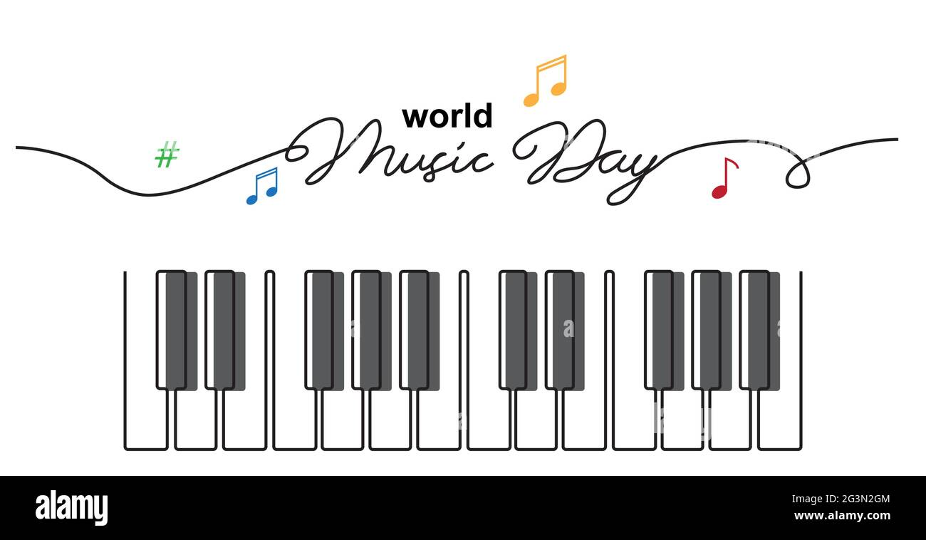 Croquis de la Journée mondiale de la musique. Touches de piano bannière vectorielle simple, affiche, arrière-plan. Un dessin en ligne continue avec texte Music Day Illustration de Vecteur