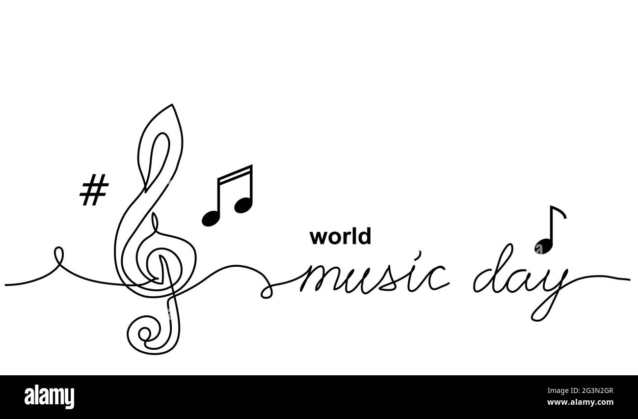 Journée mondiale de la musique simple vecteur bannière, affiche, fond avec le signe de clef d'aigus et notes musicales . Un dessin en ligne continue avec texte Music Day Illustration de Vecteur