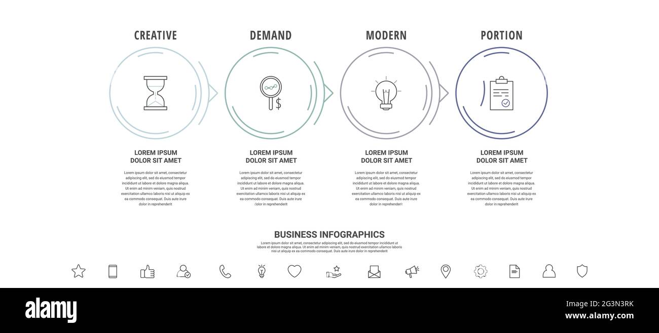 Infographies vectorielles à traits fins avec quatre cercles et flèches. Modèle de calendrier avec 4 étapes pour l'application, l'entreprise, le site Web, l'interface, le graphique, niveaux Illustration de Vecteur