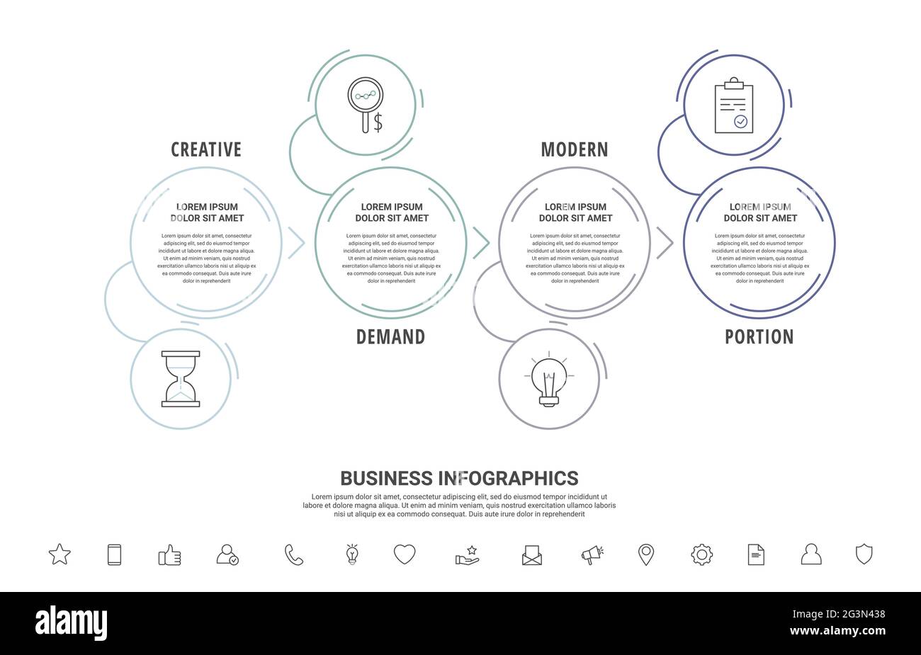 Infographies vectorielles à traits fins avec quatre cercles et flèches. Modèle de calendrier avec 4 étapes pour l'application, l'entreprise, le site Web, l'interface, le graphique, niveaux Illustration de Vecteur