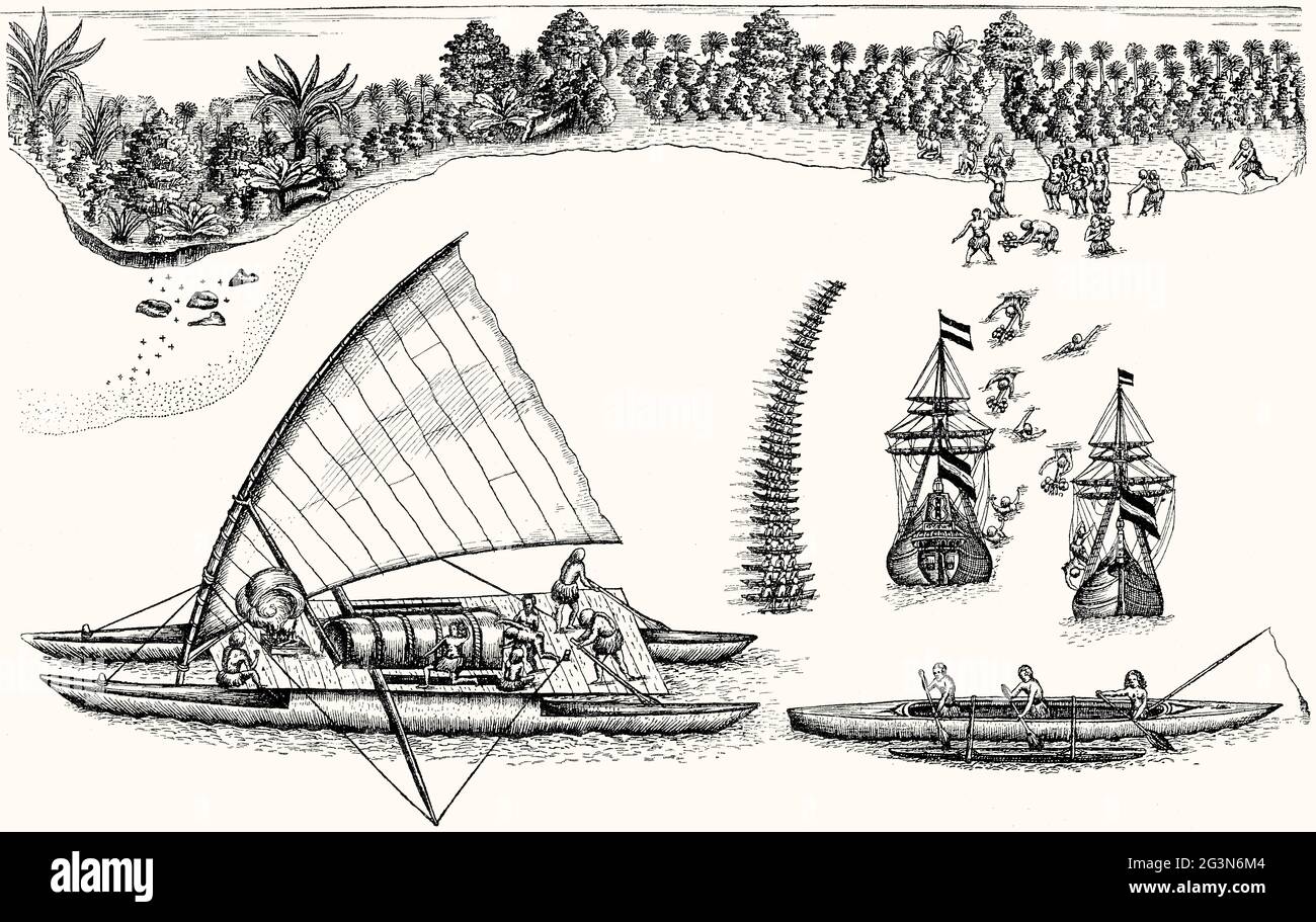 Les deux navires d'Abel Janszoon Tasman, baie de Tongatapu, Tonga, Polynésie, XVIIe siècle Banque D'Images