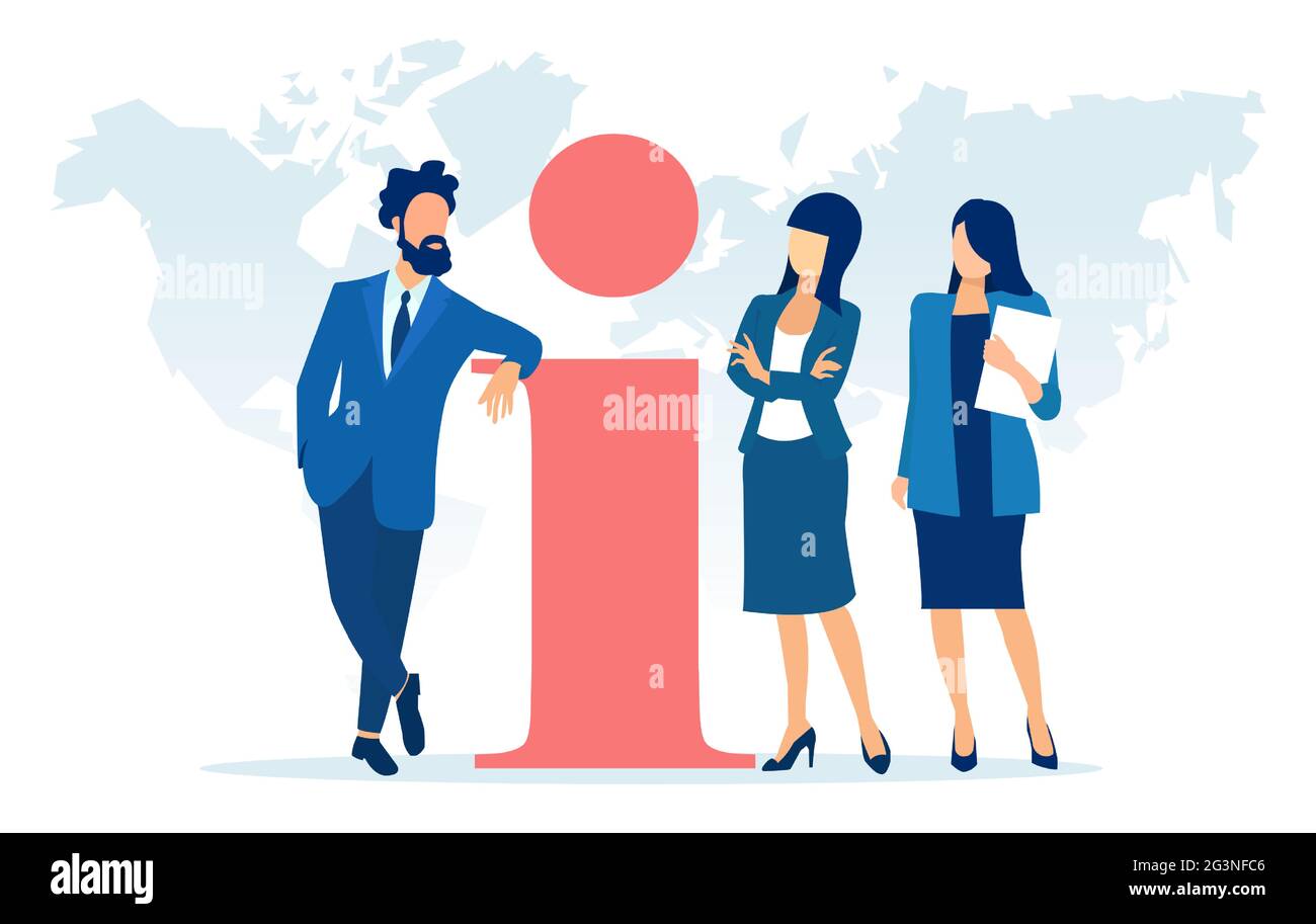 Vecteur d'un homme d'affaires et de deux femmes d'affaires debout par un symbole de point d'information Illustration de Vecteur