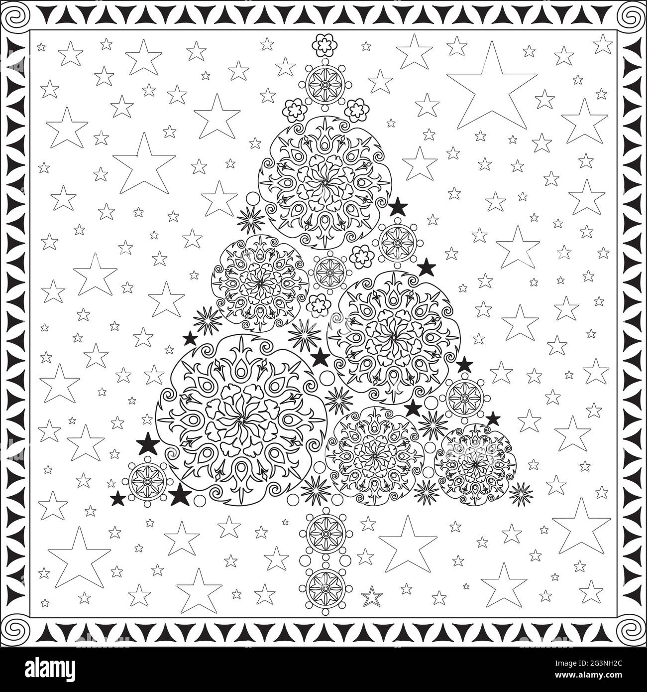 Page de coloriage - arbre de Noël avec les Mandalas et les étoiles en noir et blanc Image 