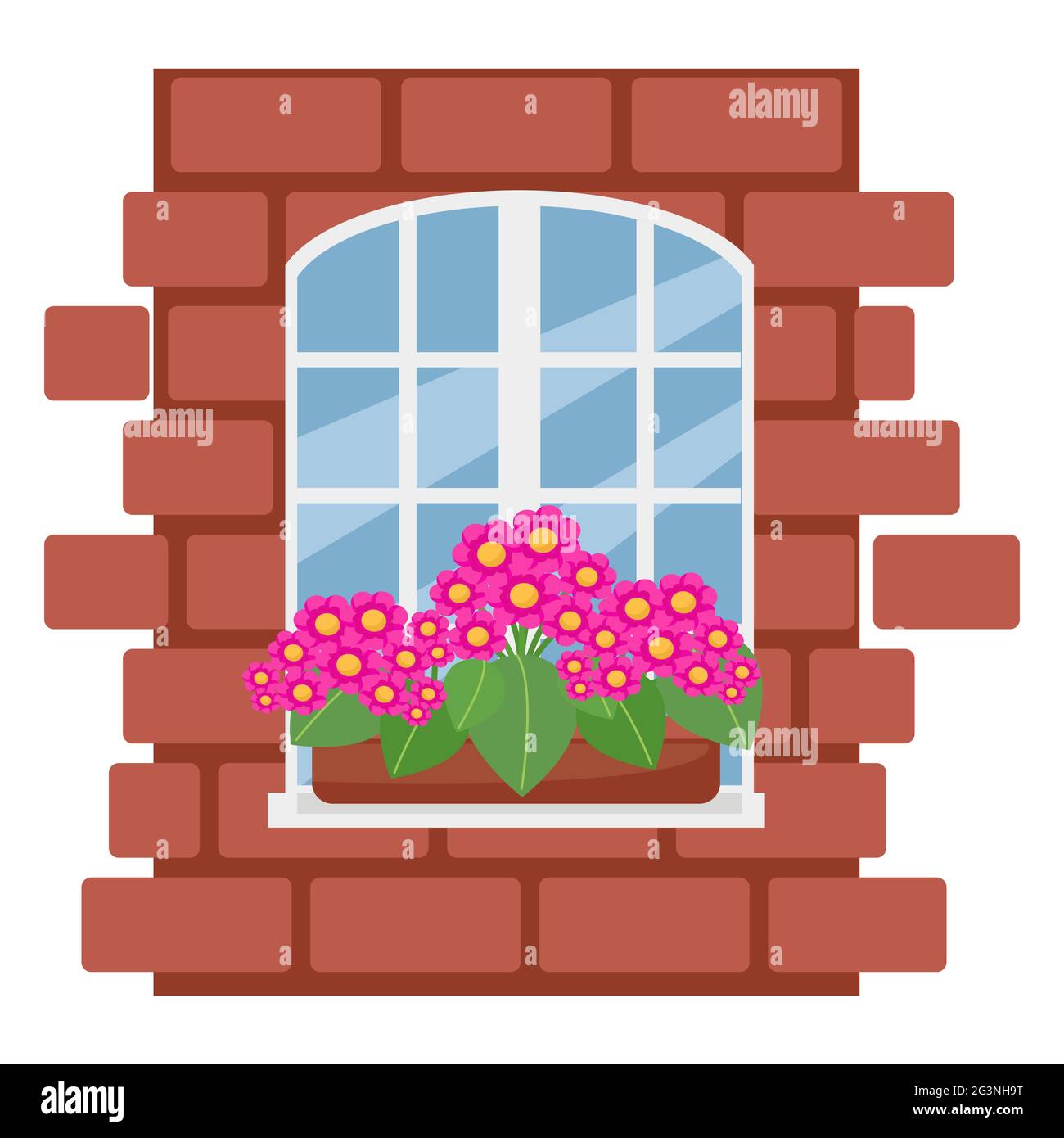 Boîte avec fleurs sur la fenêtre, mur de briques avec fenêtre blanche, illustration vectorielle de style plat, dessin animé, isolé Illustration de Vecteur