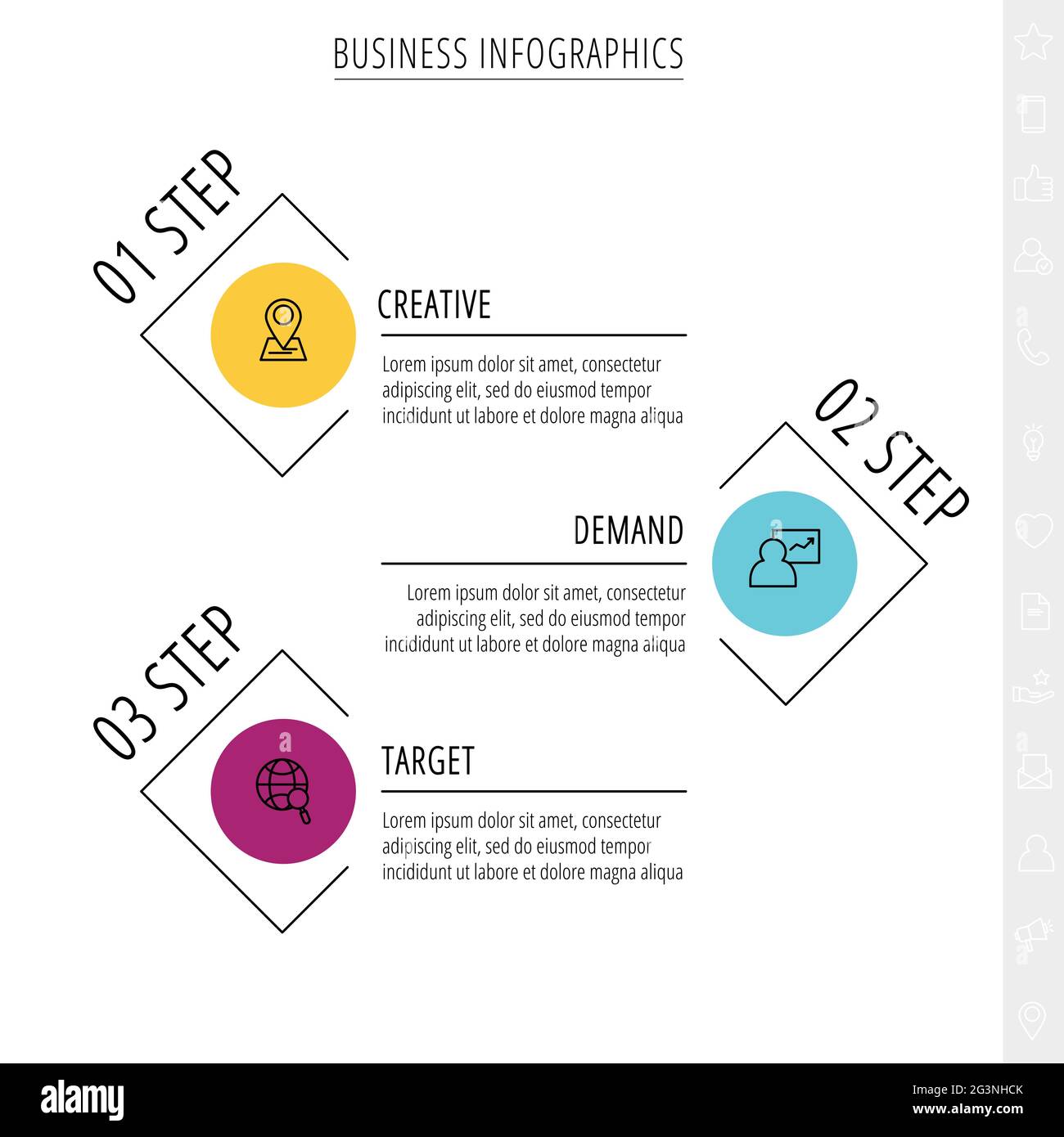 Infographies vectorielles à traits fins avec trois cercles et étiquettes. Modèle de calendrier avec 3 étapes pour l'application, l'entreprise, le site Web, l'interface, le graphique, niveaux Illustration de Vecteur