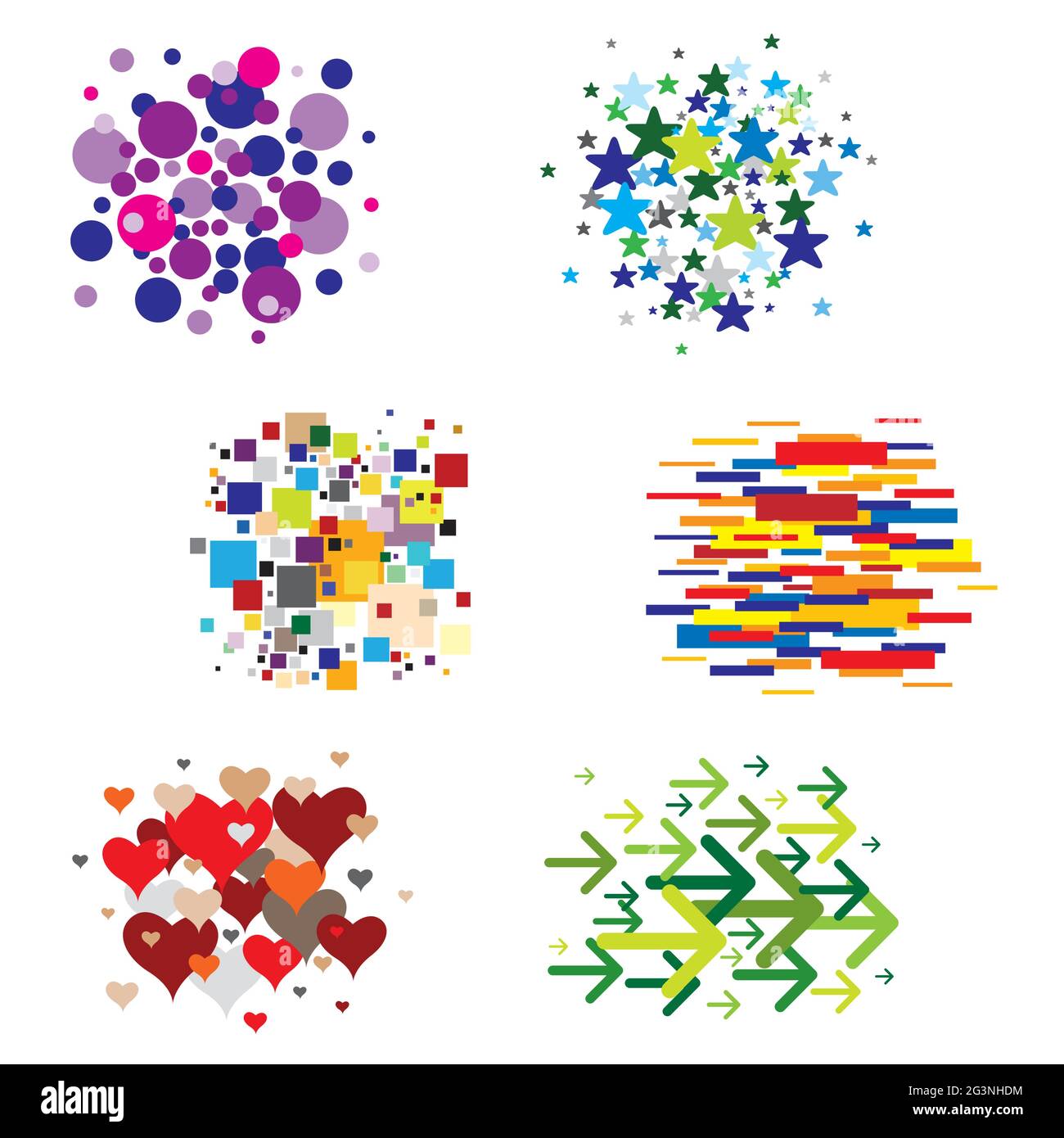 Ensemble de motifs de formes diverses - cercles, carrés, coeurs, flèches et étoiles - multicolore Illustration de Vecteur