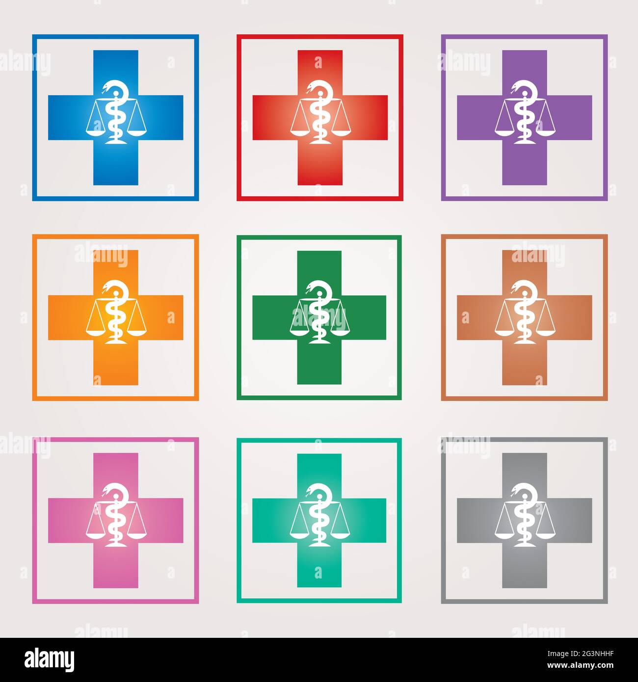 Ensemble d'icônes de la pharmacie suisse avec symbole Caduceus en couleurs mélangées - symboles de la Croix suisse en carrés Illustration de Vecteur