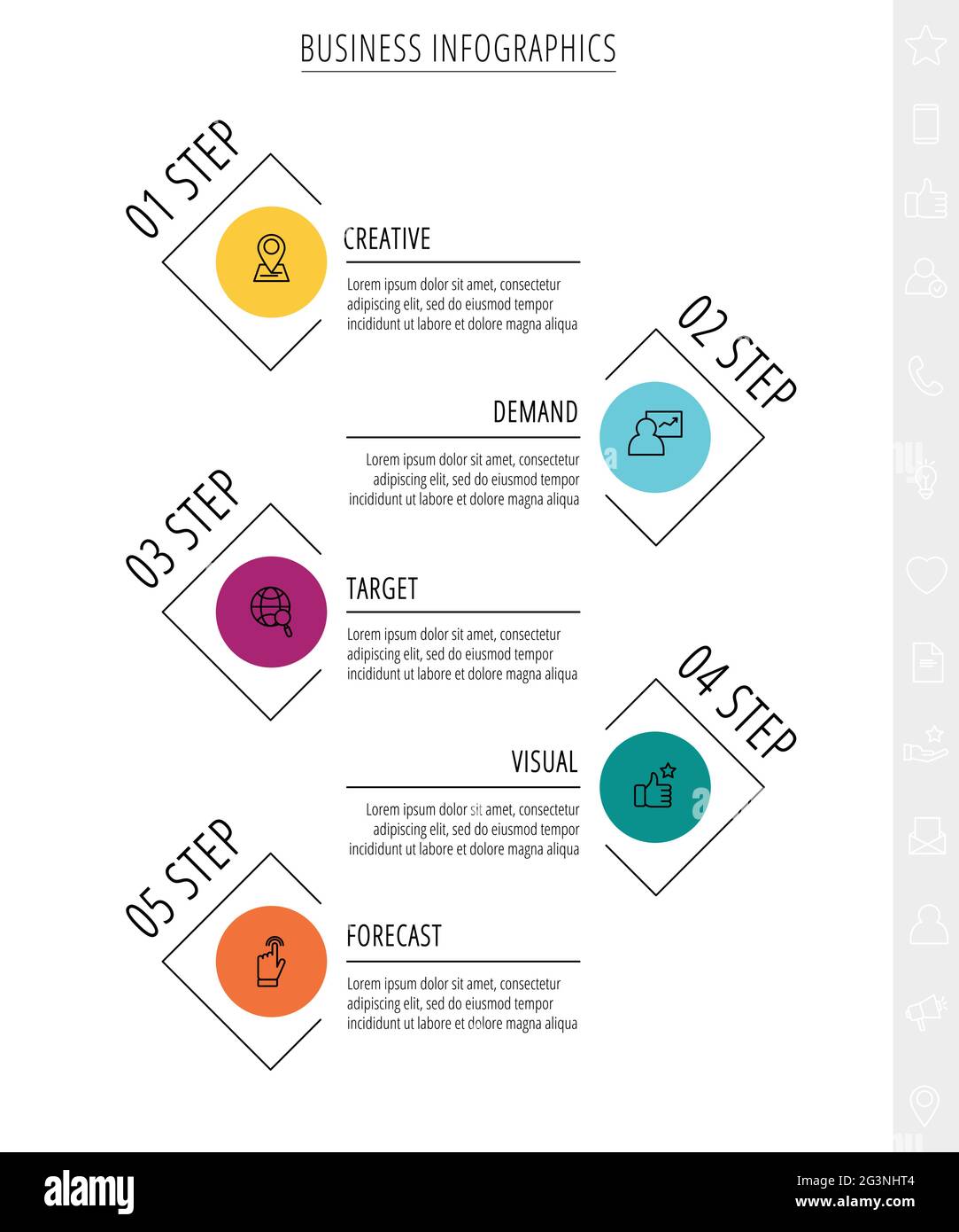 Infographies vectorielles à traits fins avec cinq cercles et étiquettes. Modèle de calendrier avec 5 étapes pour l'application, l'entreprise, le site Web, l'interface, le graphique, niveaux Illustration de Vecteur