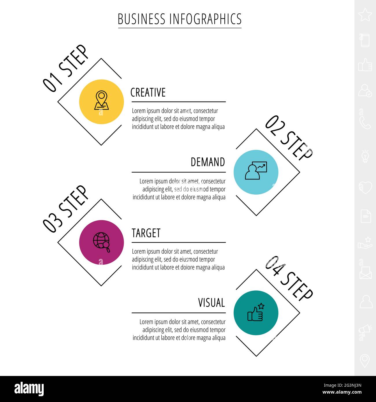 Infographies vectorielles à traits fins avec quatre cercles et étiquettes. Modèle de calendrier avec 4 étapes pour l'application, l'entreprise, le site Web, l'interface, le graphique, niveaux Illustration de Vecteur