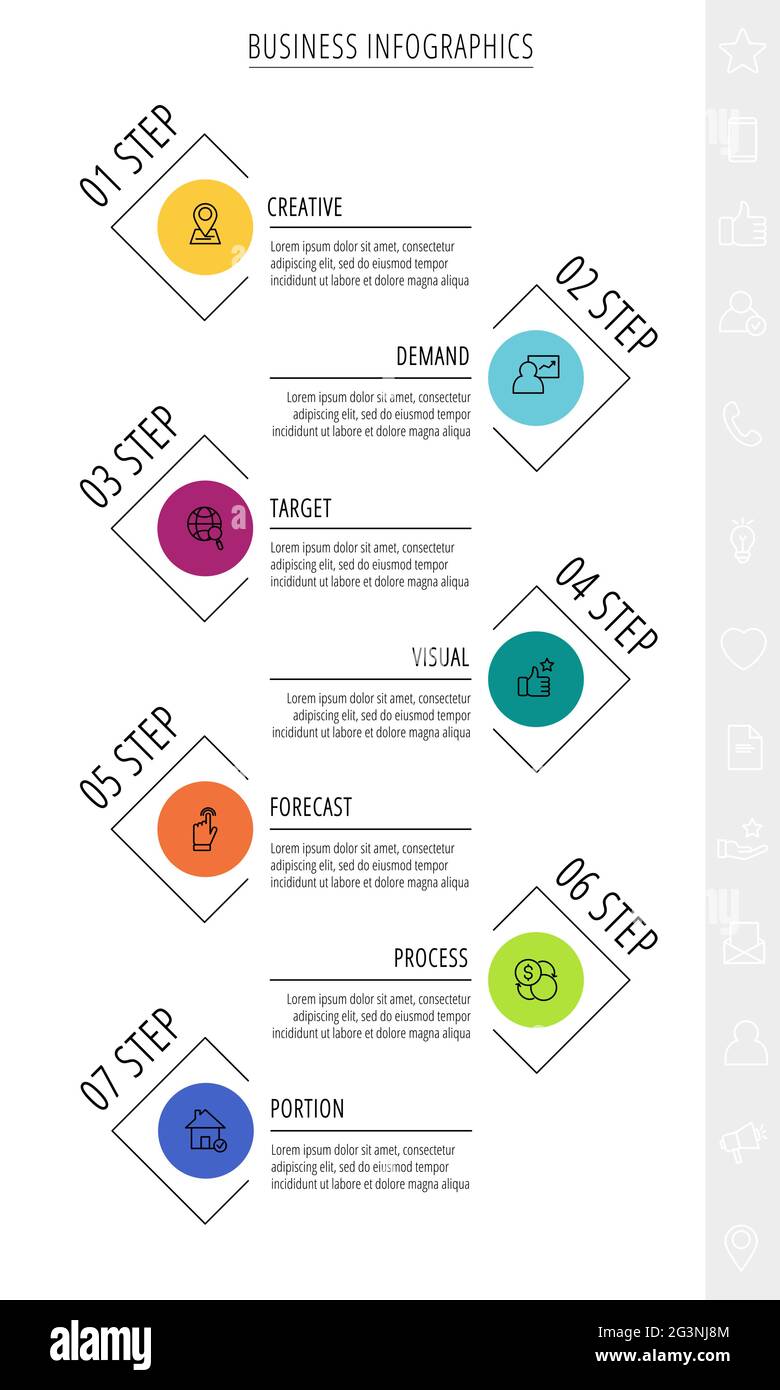 Infographies vectorielles à traits fins avec sept étiquettes et cercles. Modèle de calendrier avec 7 étapes pour l'application, l'entreprise, le site Web, l'interface, le graphique, niveaux Illustration de Vecteur