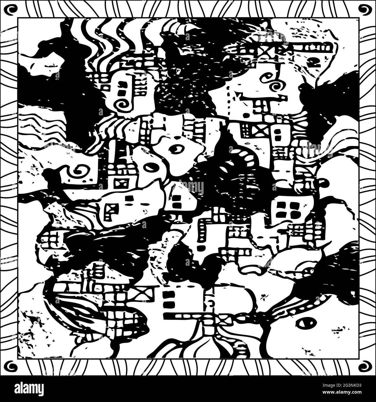 Livre de coloriage pour adultes format carré style psychédélique Design motif vectoriel. Arrière-plan noir et blanc Illustration de Vecteur
