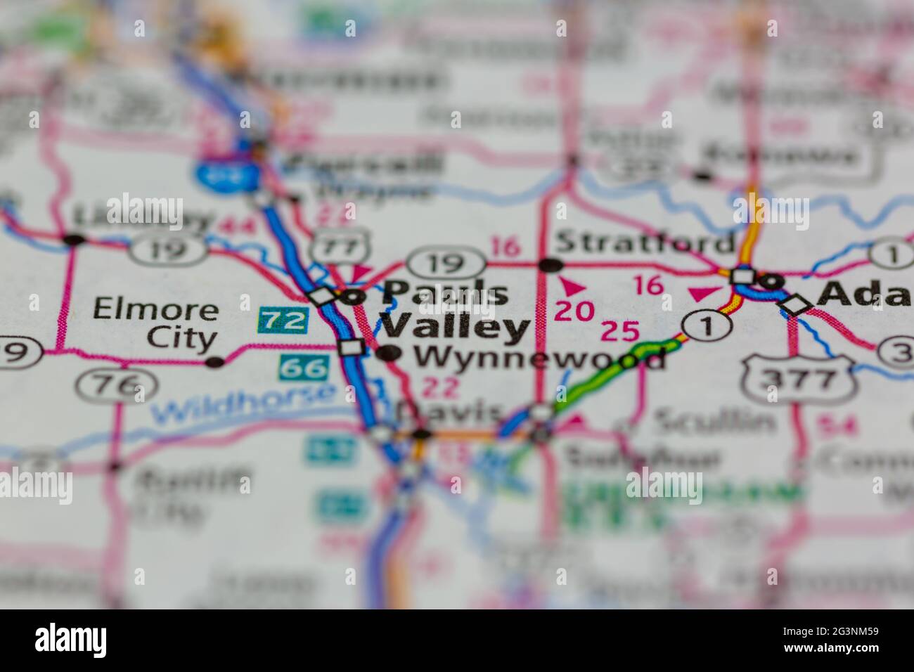 Pauls Valley Oklahoma USA montré sur une carte de géographie ou une carte routière Banque D'Images