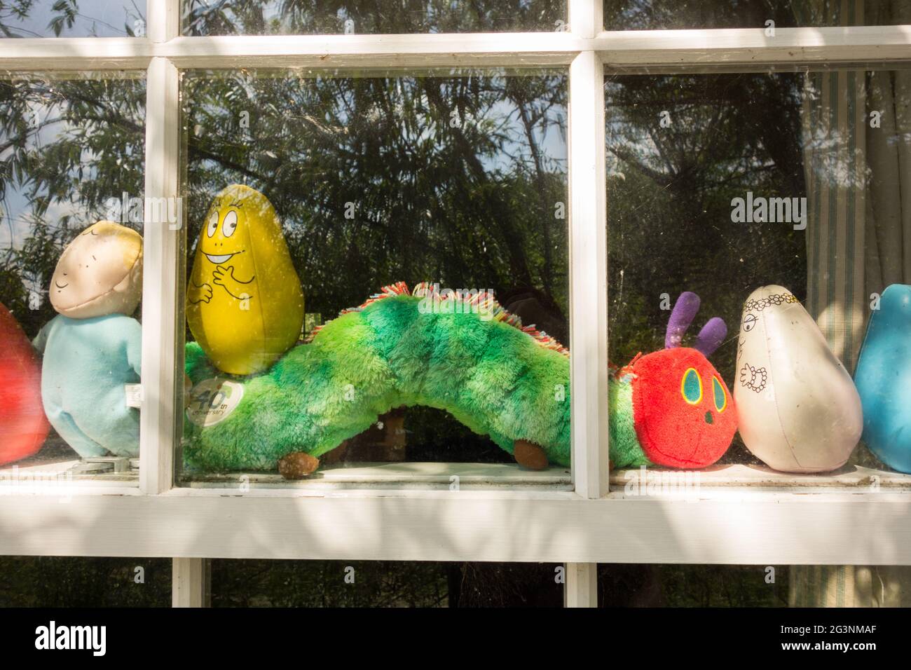 Eric Carle interdit le jouet de Caterpillar très affamé dans une fenêtre Banque D'Images