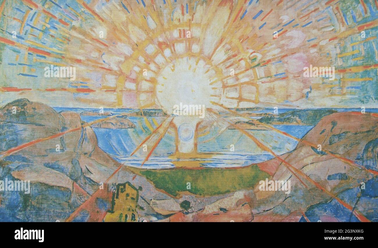 Titre: Le Soleil Créateur: Edvard Munch Date: 1911-16 Moyen: Huile sur toile Dimensions: 450x780 cms lieu: Université d'Oslo, Norvège Banque D'Images