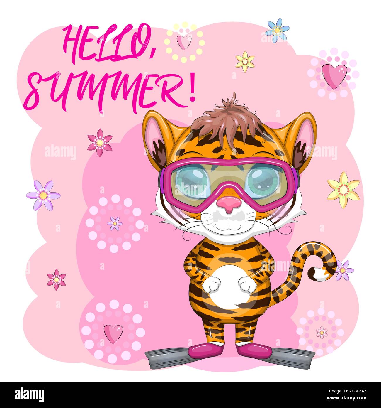 Dessin animé tigre portant des lunettes de protection et des palmes de natation, l'été arrive. Vacances, mer, repos. Stylistique pour enfants, mignon. Symbole du nouvel an 2022 Illustration de Vecteur