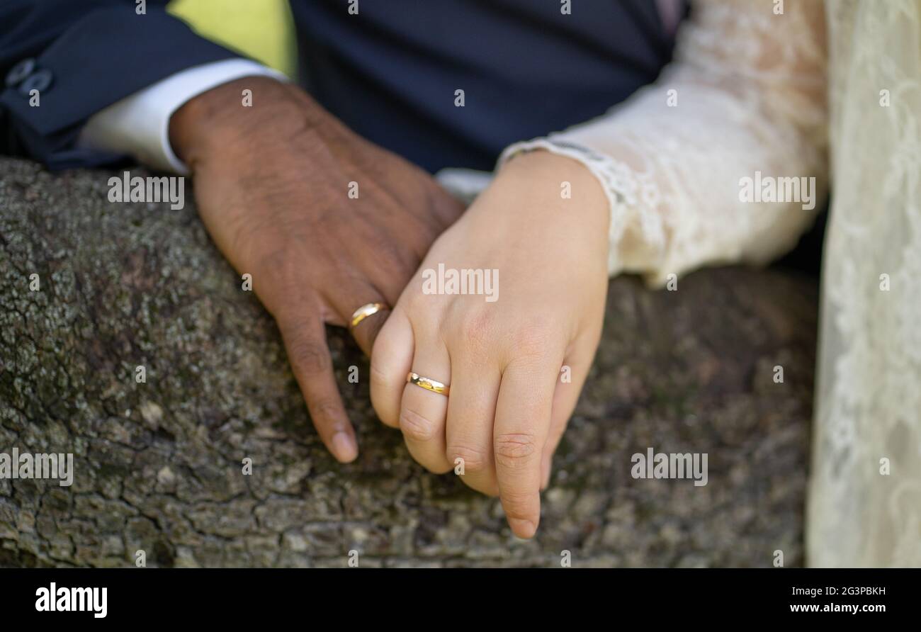 La main de la mariée à la peau claire tient doucement la main d'un marié à la peau sombre Banque D'Images