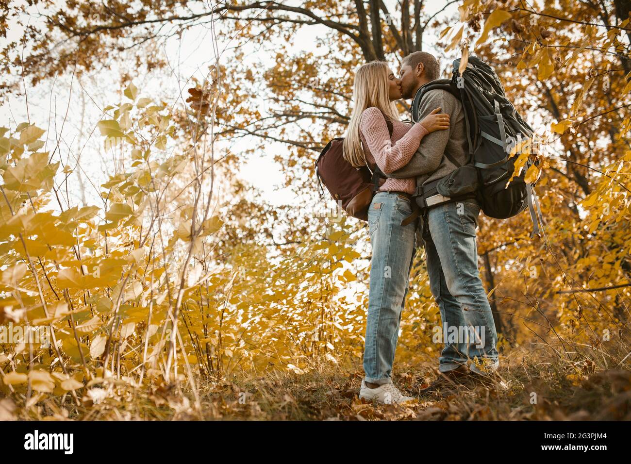 Jeune couple de touristes se Kissing dans Forest Outdoors Banque D'Images