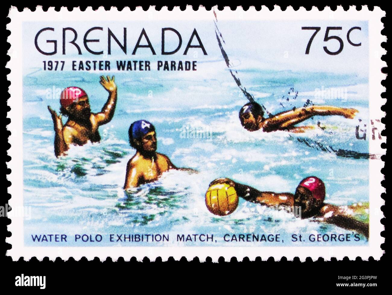 MOSCOU, RUSSIE - 29 MARS 2020: Timbre-poste imprimé à la Grenade montre Water Polo, série de Pâques Water Parade, vers 1977 Banque D'Images