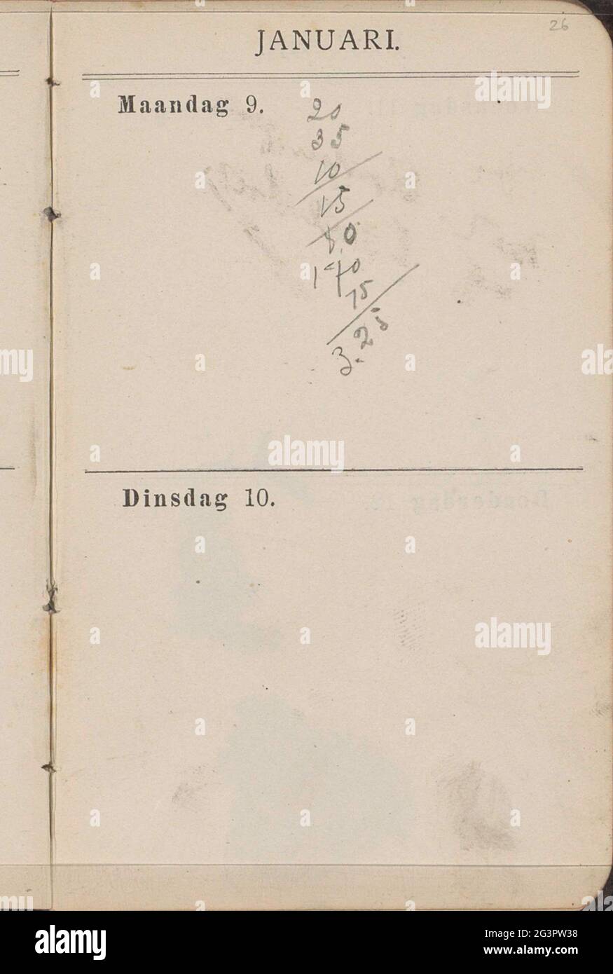 Annotations. Page 26 UN calendrier avec 108 feuilles utilisées comme carnet d'esquisses. Banque D'Images