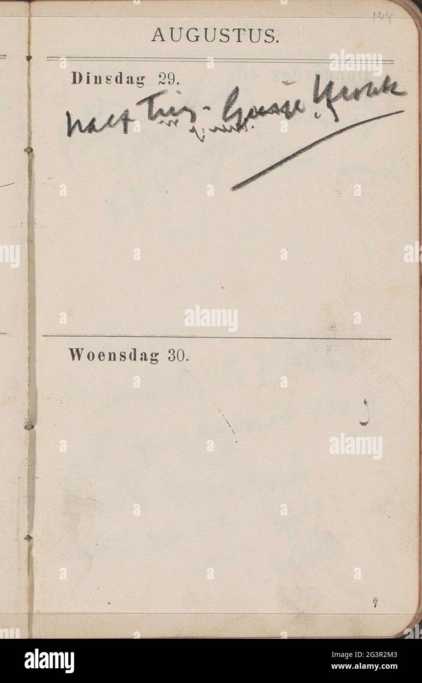 Annotations. Page 144 UN calendrier avec 108 feuilles utilisées comme carnet d'esquisses. Banque D'Images