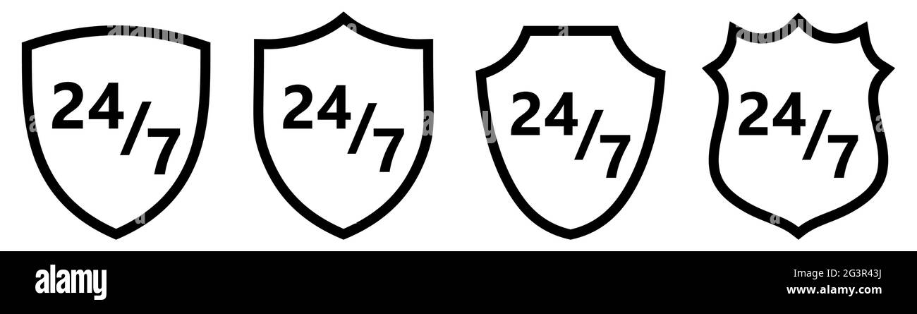 24/7 icône en forme de bouclier, différentes versions. Concept de protection en continu ou sécurité à tout moment Illustration de Vecteur