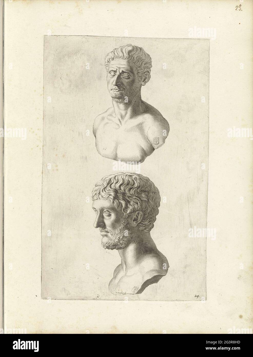 Bustes par Lucius Junius Brutus et Marcus Junius Brutus; Galleria Giustiniana del Marchese Vincenzo Giustiniani II Deux bustes de Romains. Au-dessus du buste du consul Lucius Junius Brutus et au-dessous du sénateur Marcus Junius Brutus. Sur les deux bustes, les armoiries de Vincenzo Giustiniani. Print fait partie d'un album avec une série de gravures sur les sculptures de la collection de la Galleria Giustiniani à Rome. Banque D'Images