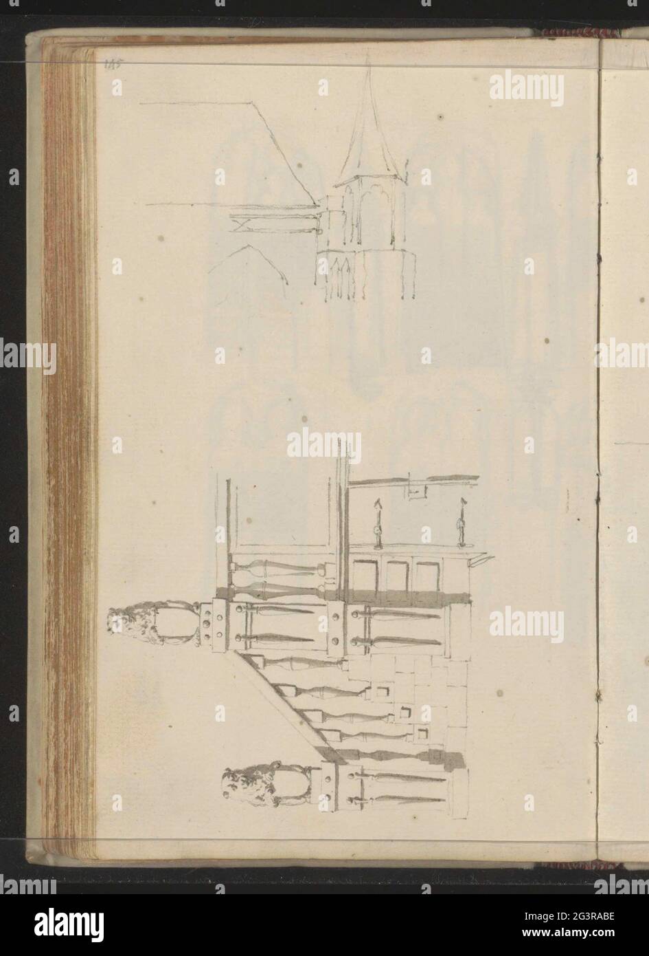 Une lanière et un clocher. Page 145 d'un carnet de croquis de 175 pages. Banque D'Images