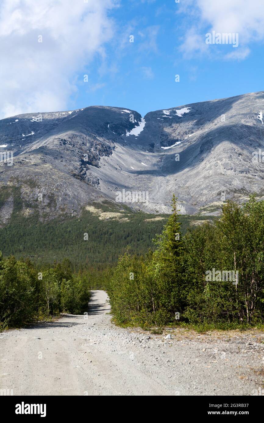 Ancienne route sale traversant les forêts de la vallée du massif de Khibiny, dans la péninsule de Kola, au nord de la Russie Banque D'Images