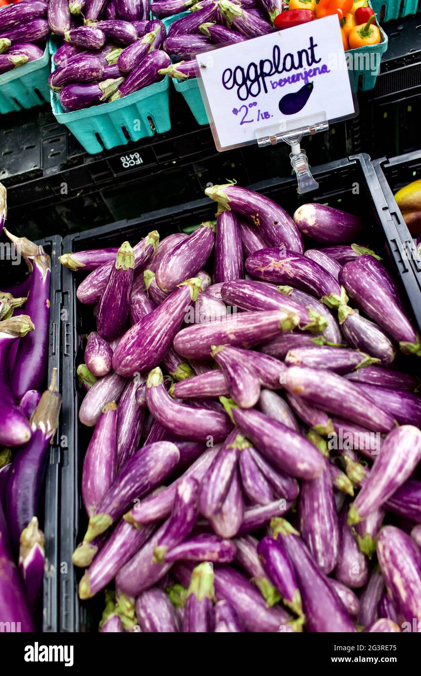 Aubergines japonaises en vente sur un marché agricole à Washington, DC, Etats-Unis. Angle supérieur du conteneur plein. Beaucoup d'aubergines dans la caisse. Banque D'Images