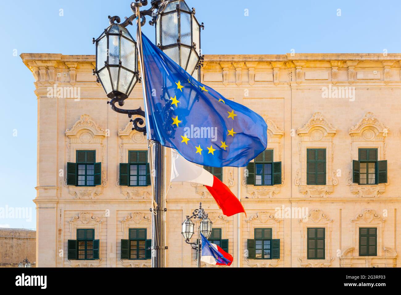 Malte, Valetta, Auberge de Castille - Bâtiment du gouvernement, Maison du Premier ministre, drapeau de l'UE, politique Banque D'Images