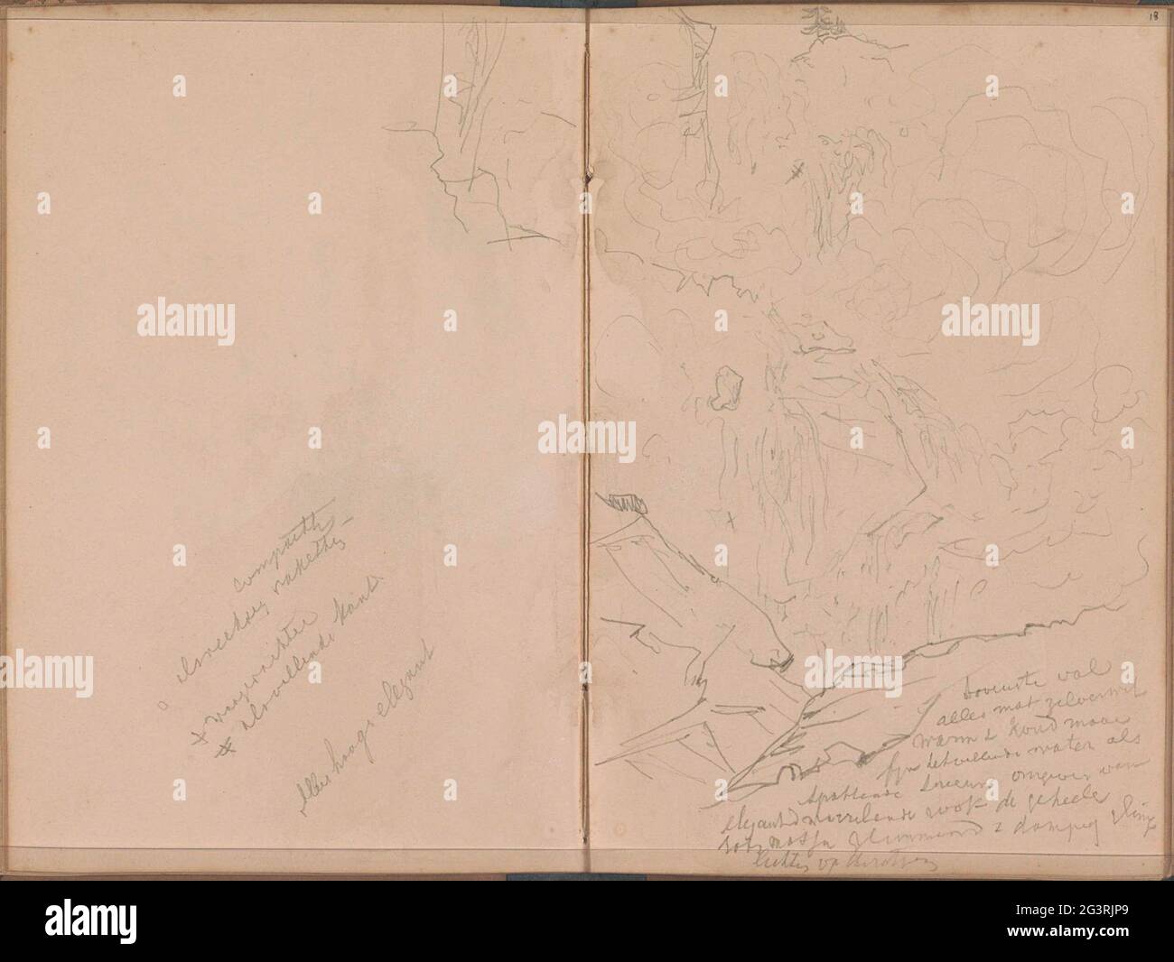 Chute d'eau contre un mur de roche. Feuille 17 Verso et 18 recto d'un carnet d'esquisses de 47 feuilles. Banque D'Images